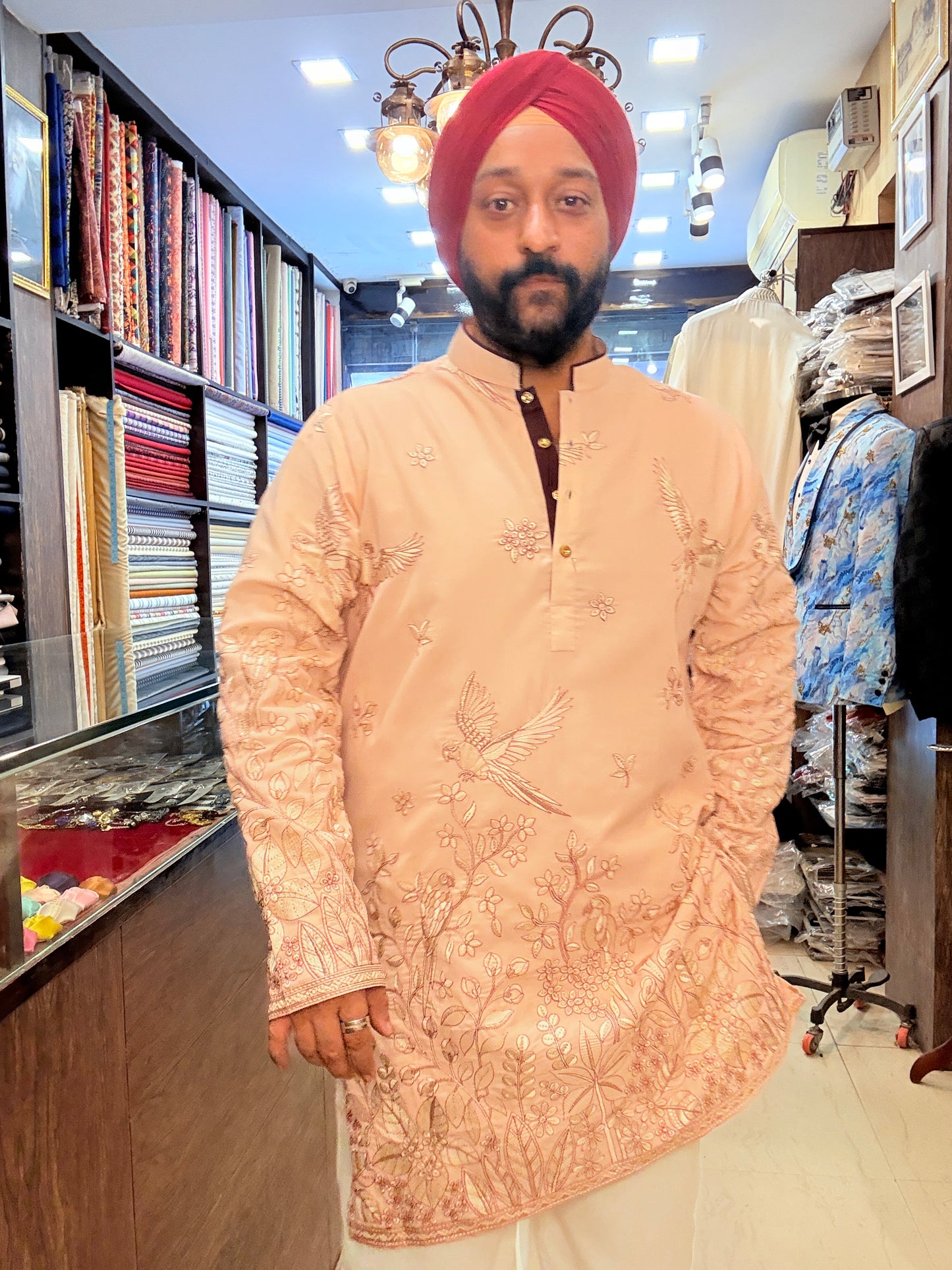 Peach Bird Embroidered Kurta