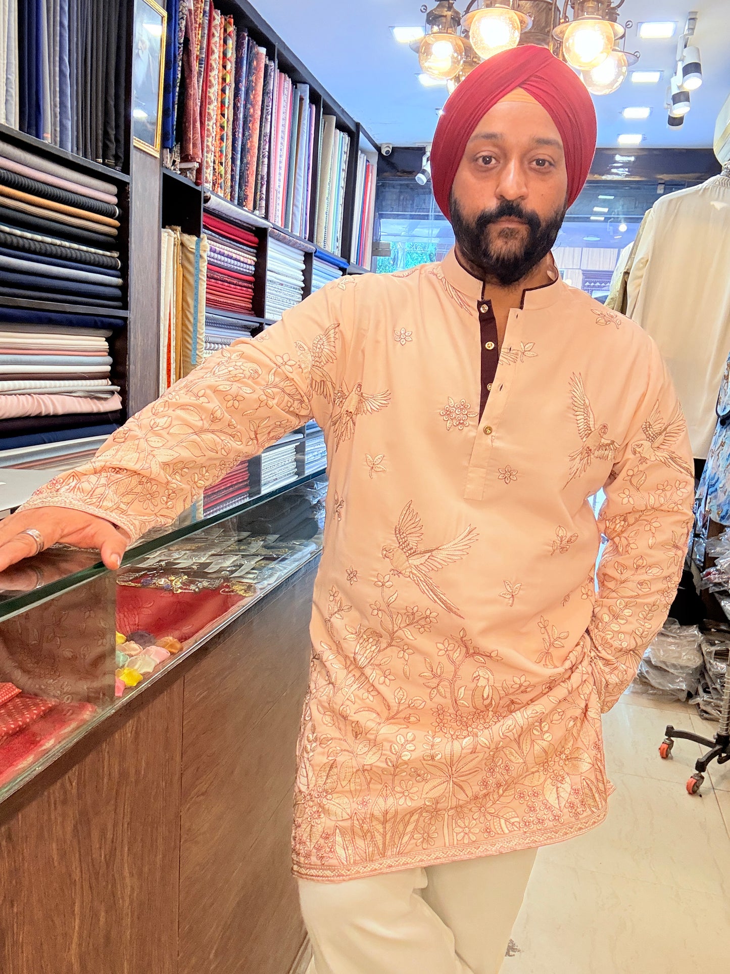 Peach Bird Embroidered Kurta