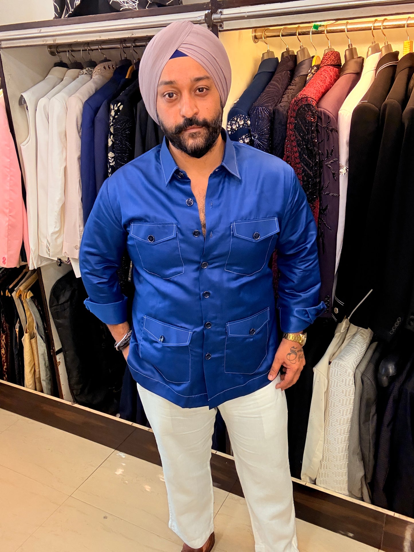 Blue White Thread Safari Shirt