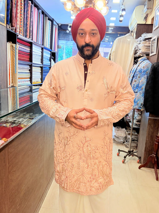 Peach Bird Embroidered Kurta