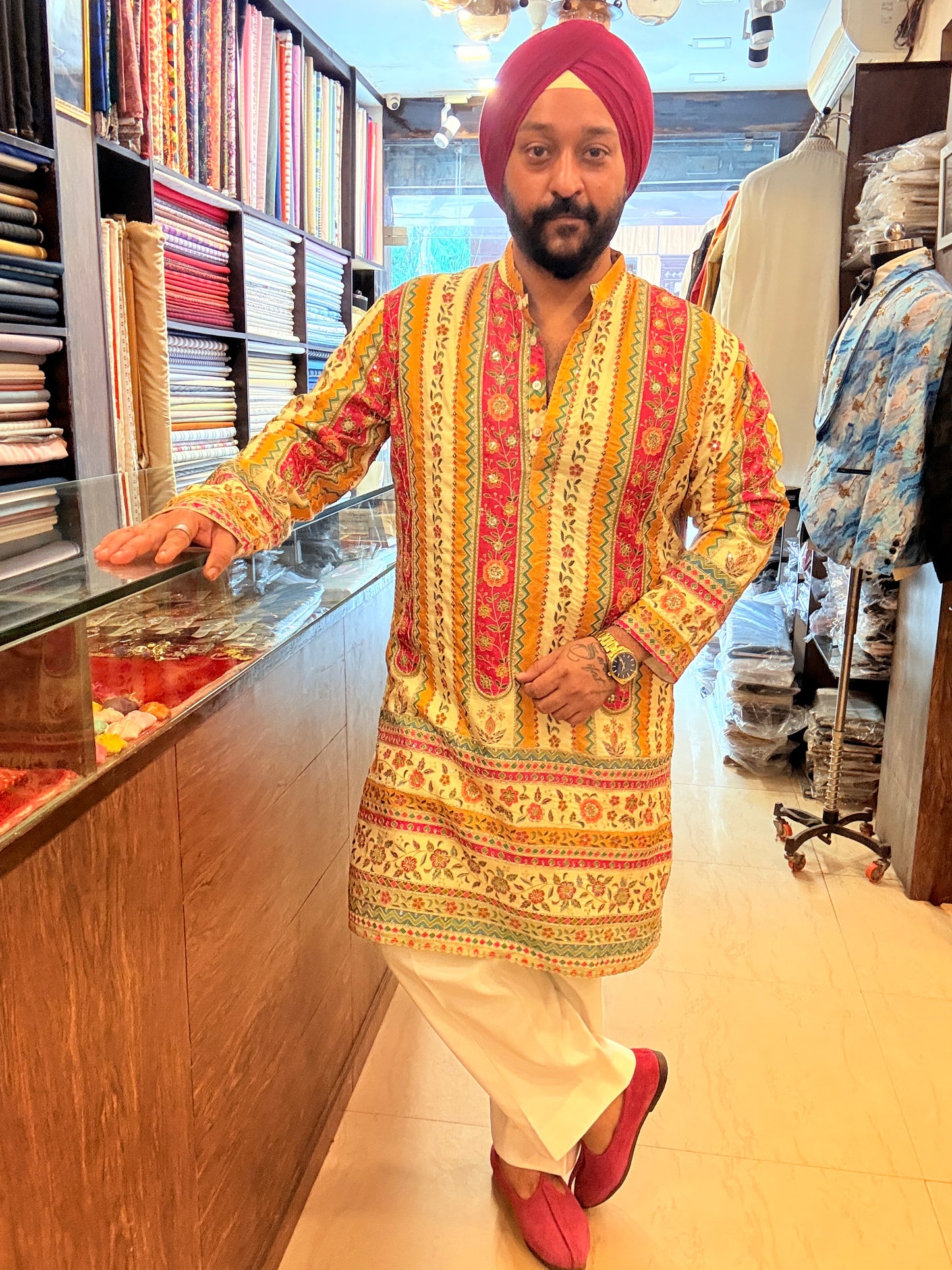 Panel Embroidered Fuschia Cream Kurta