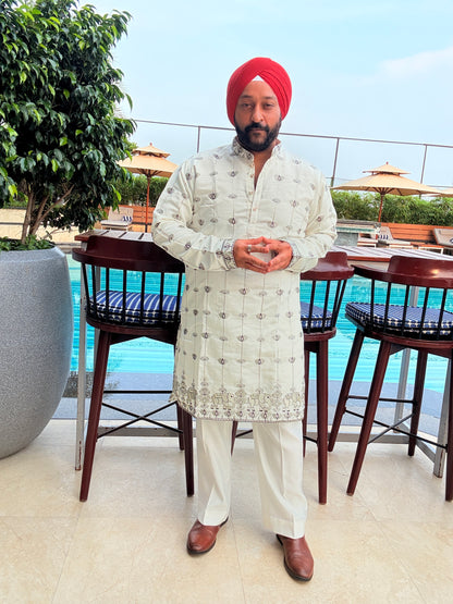 Cream Elephant Lotus Embroidered Kurta