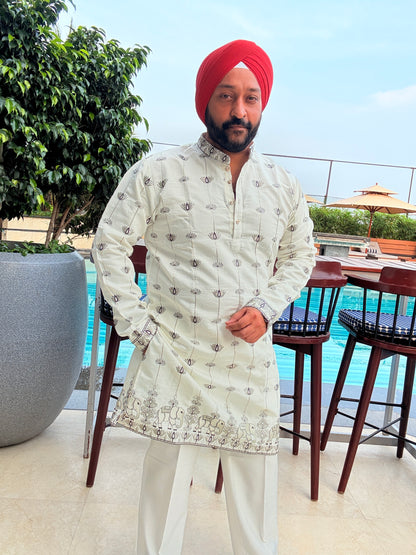Cream Elephant Lotus Embroidered Kurta