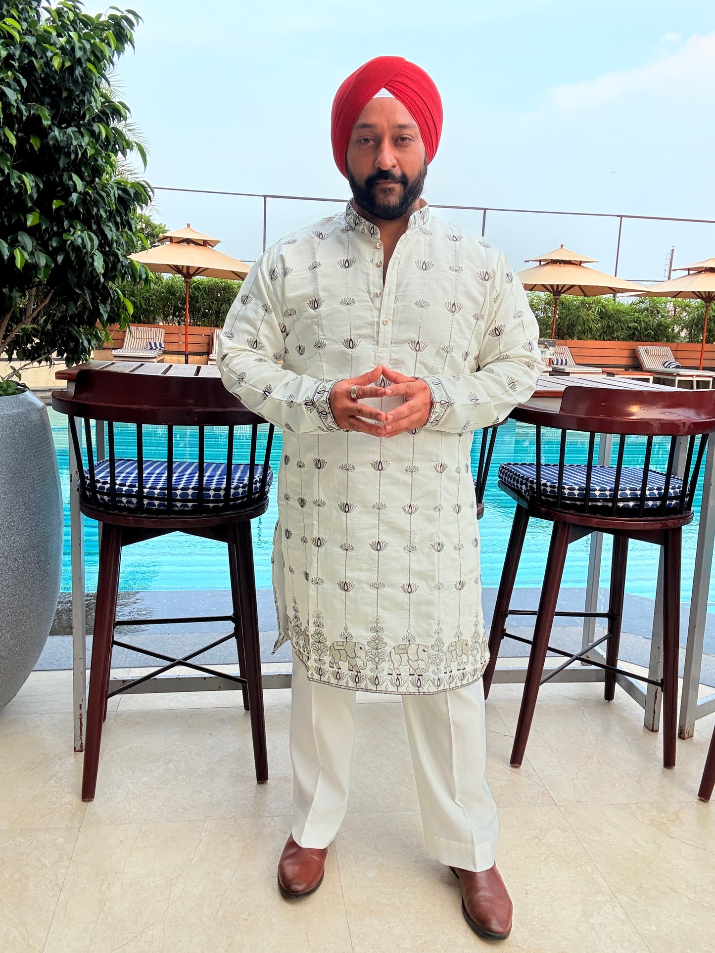 Cream Elephant Lotus Embroidered Kurta