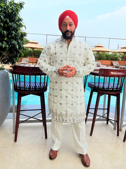 Cream Elephant Lotus Embroidered Kurta