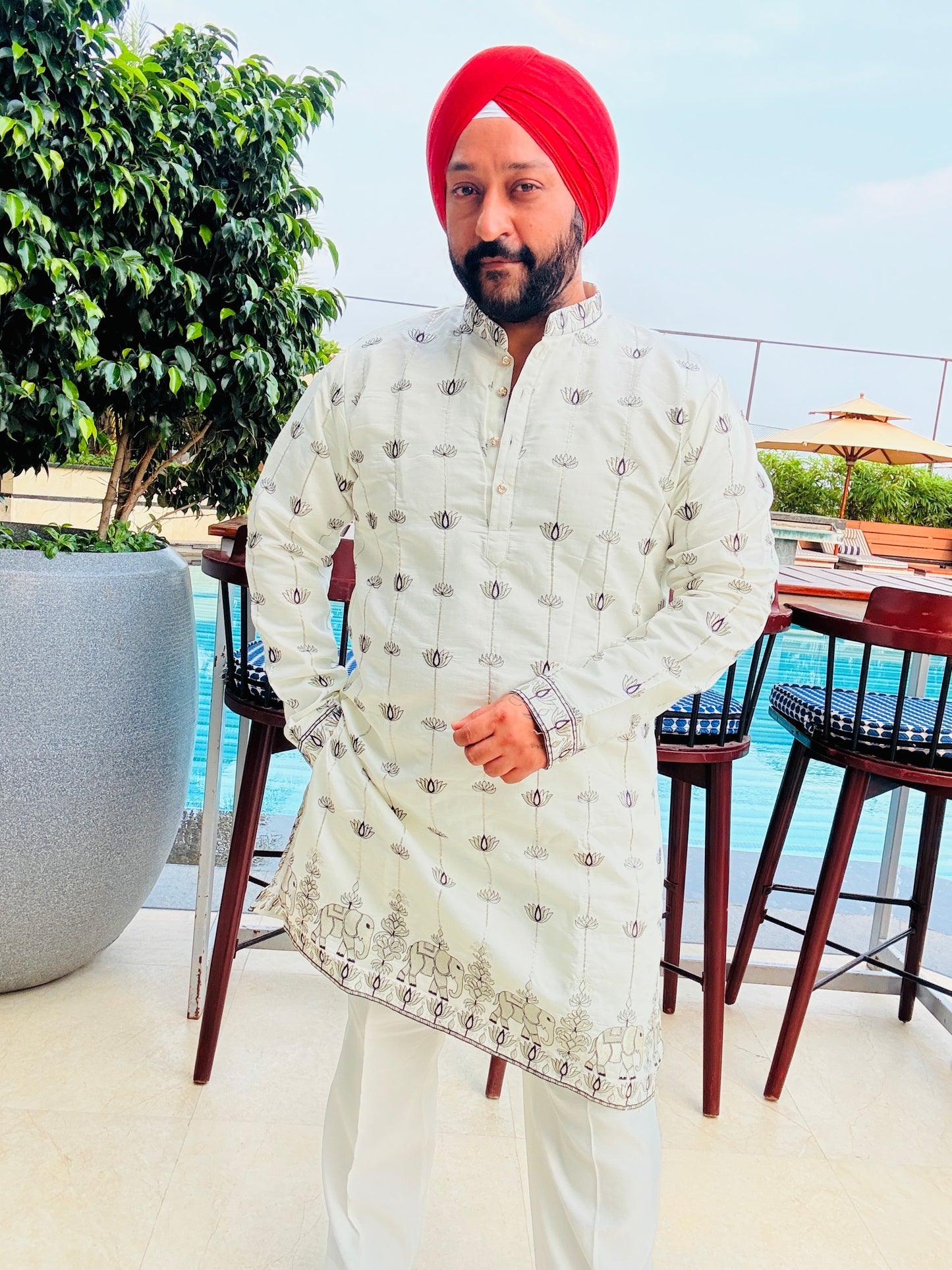 Cream Elephant Lotus Embroidered Kurta