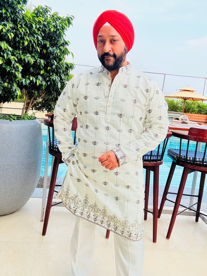 Cream Elephant Lotus Embroidered Kurta