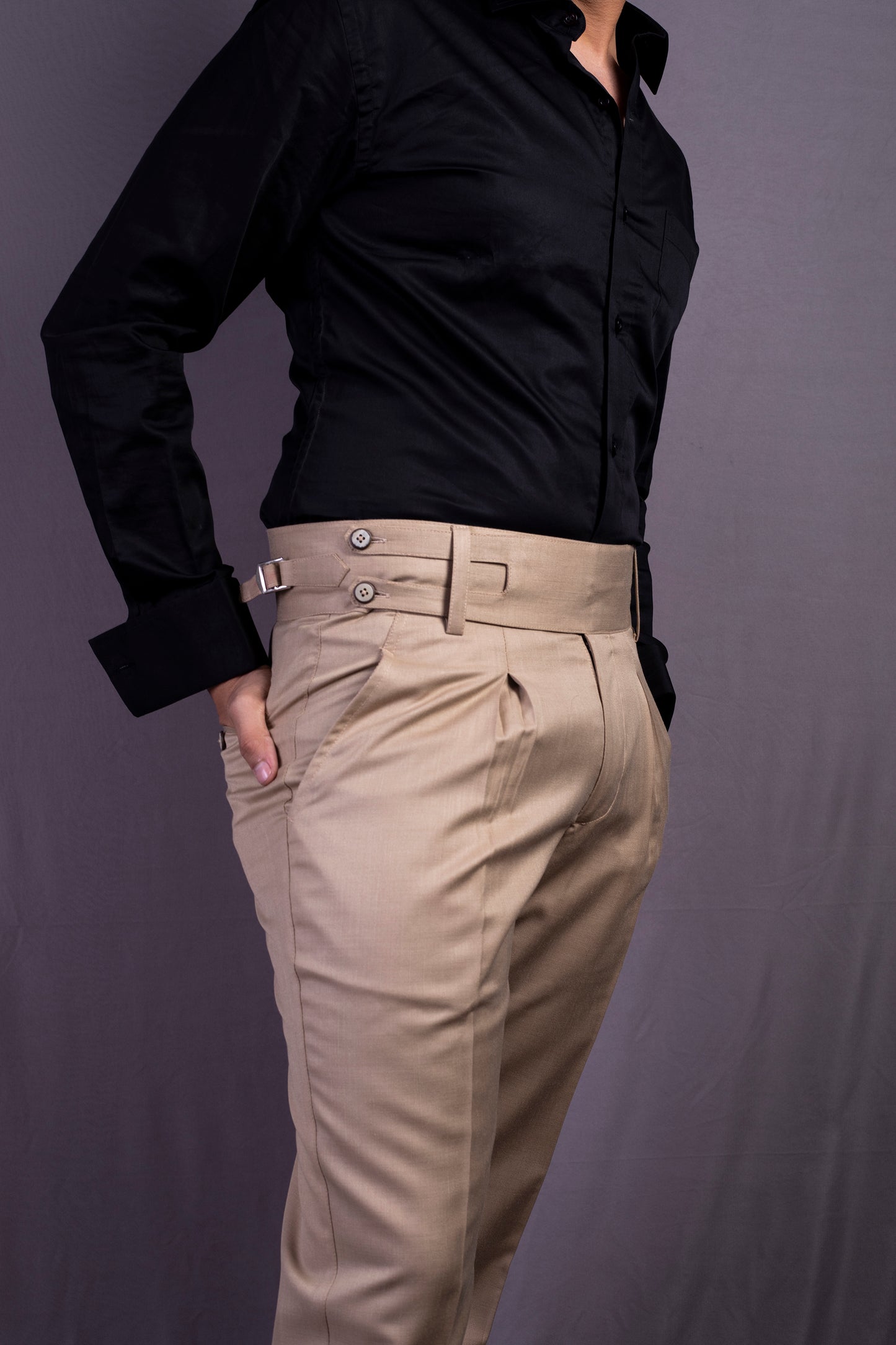 Beige Solid High Waisted Pants