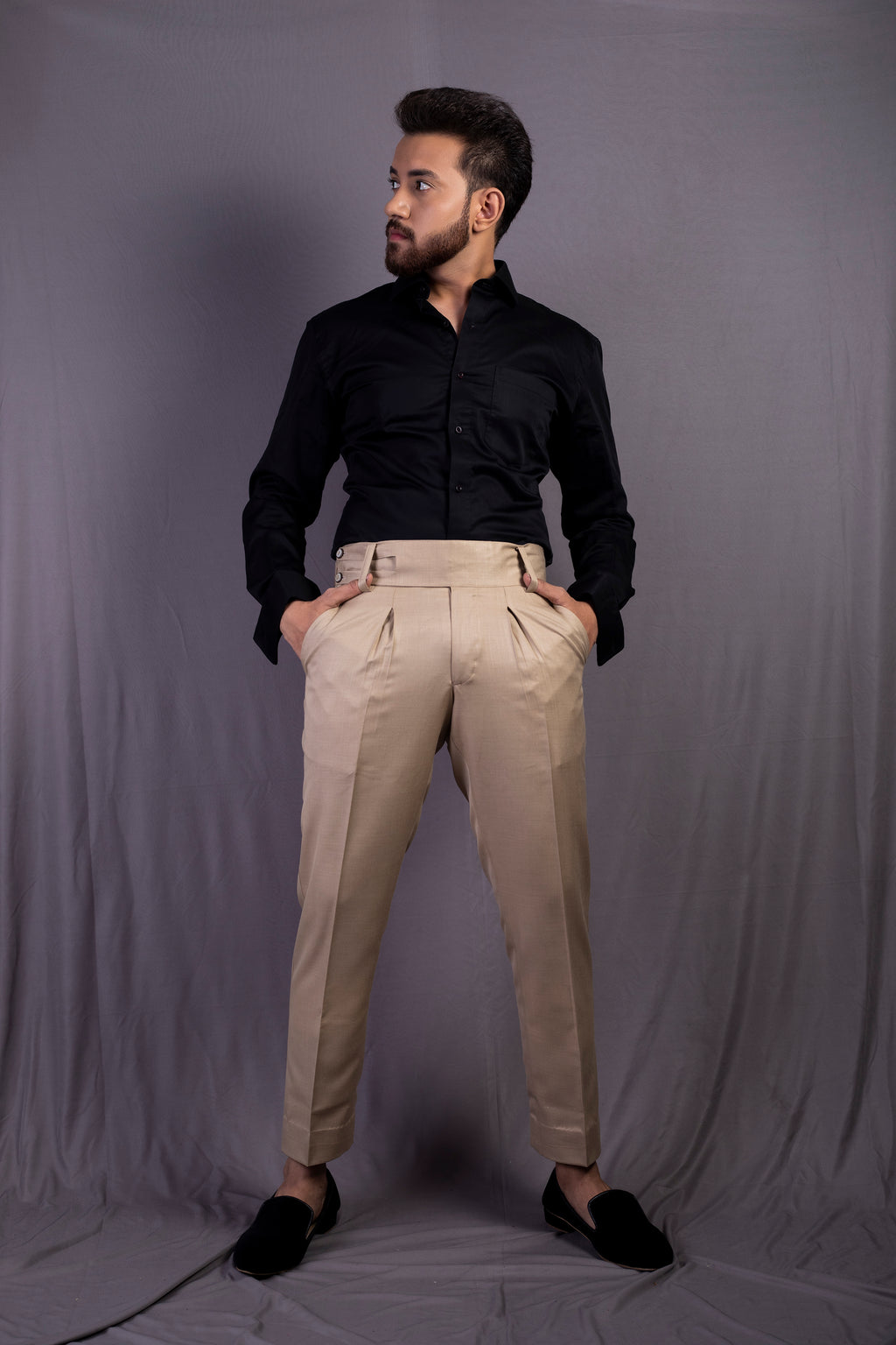 Beige Solid High Waisted Pants