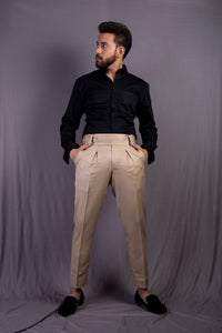 Beige Solid High Waisted Pants