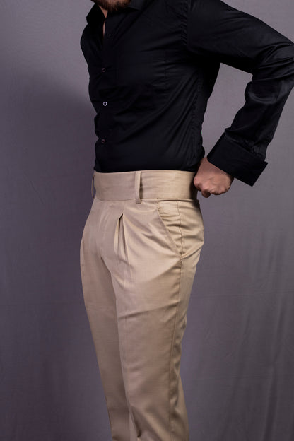 Beige Solid High Waisted Pants